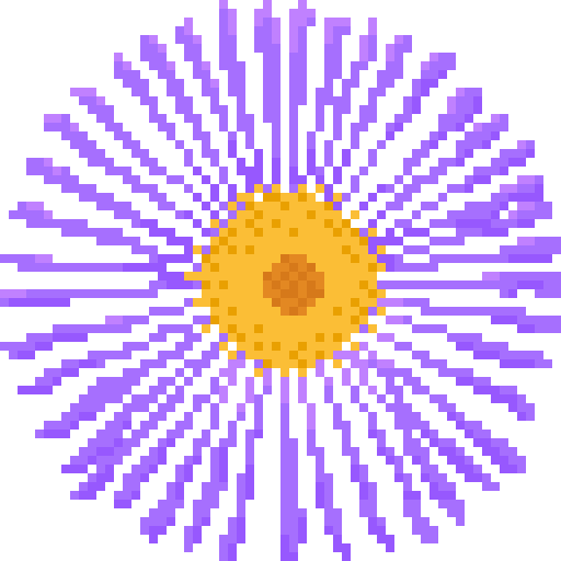 Pixel art of a purple aster flower with no background.