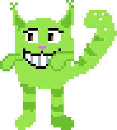 Pixel art of a green Cheshire Cat figure, with a tail